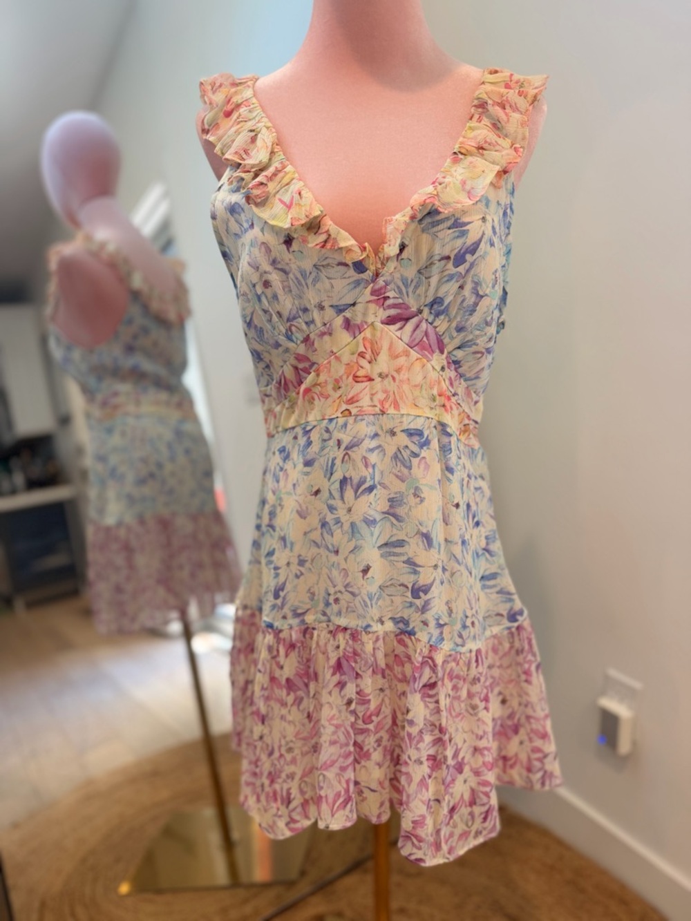 NWOT LoveShackFancy Silk Seneca Pastel Floral Ruffle V-Neck Mini Dress